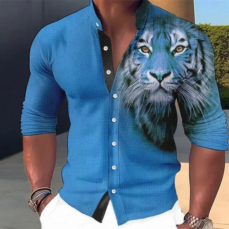 Tiger 3D Printed Shirt Men Spring Autumn Long Sleeve Stand Collar Tops New Fashion Casual Shirts Streetwear Clothing For Mens - Hiron Store