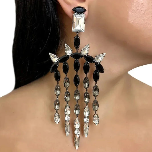 Black Crystal Long Tassel Earrings Wedding 2024 Fashion Hanging Earrings