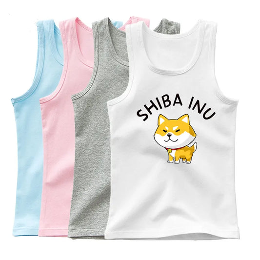 3-14years Girls Shiba Inu Dog Print Tank Top Children Cute Dog Sleeveless T-shirt