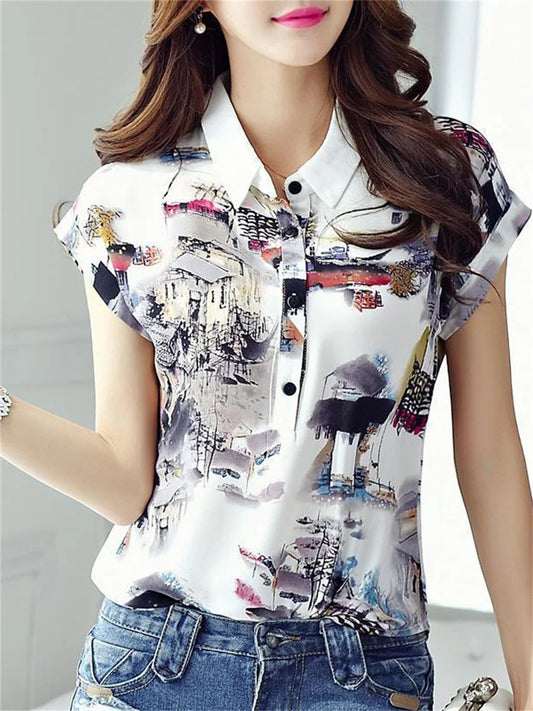 Women Spring Summer Style Chiffon Blouses Shirt Lady Casual Short Sleeve Turn-down Collar Printed Casual Loose Tops DF3548 - Hiron Store