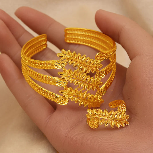 Middle East Cross border Dubai 24K Gold Plated Jewelry Set with Leaf Gold Leaf Bracelet Ring