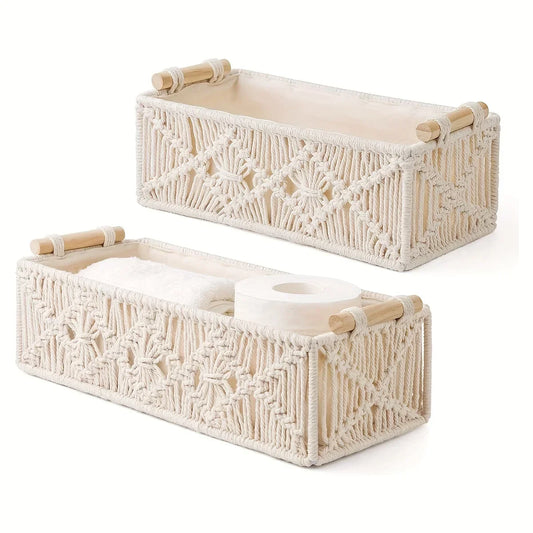 2pcs Boho Decor Storage Basket, Handmade Woven Decorative Countertop Toilet Shelf, Cabinet Organizer Box For Bathroom - Hiron Store
