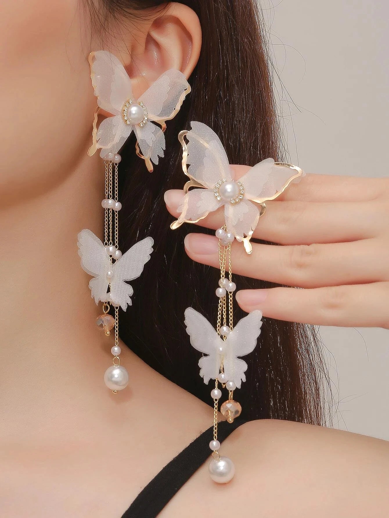 Butterfly & Faux Pearl Drop Earrings - Hiron Store