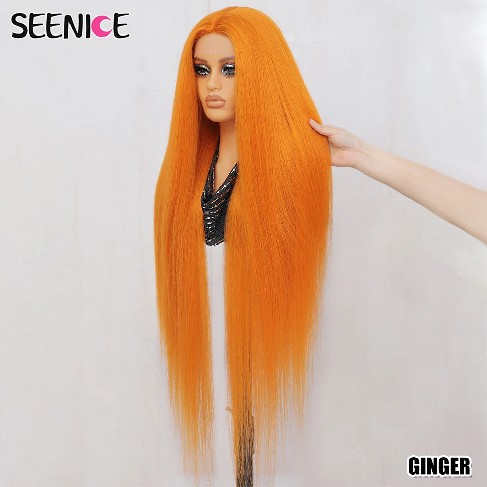 40Inch Straight Lace Front Wig Synthetic T-Part 13x4x1 Heat-resistant Fiber Ombre Ginger Copper Lace Frontal Wigs