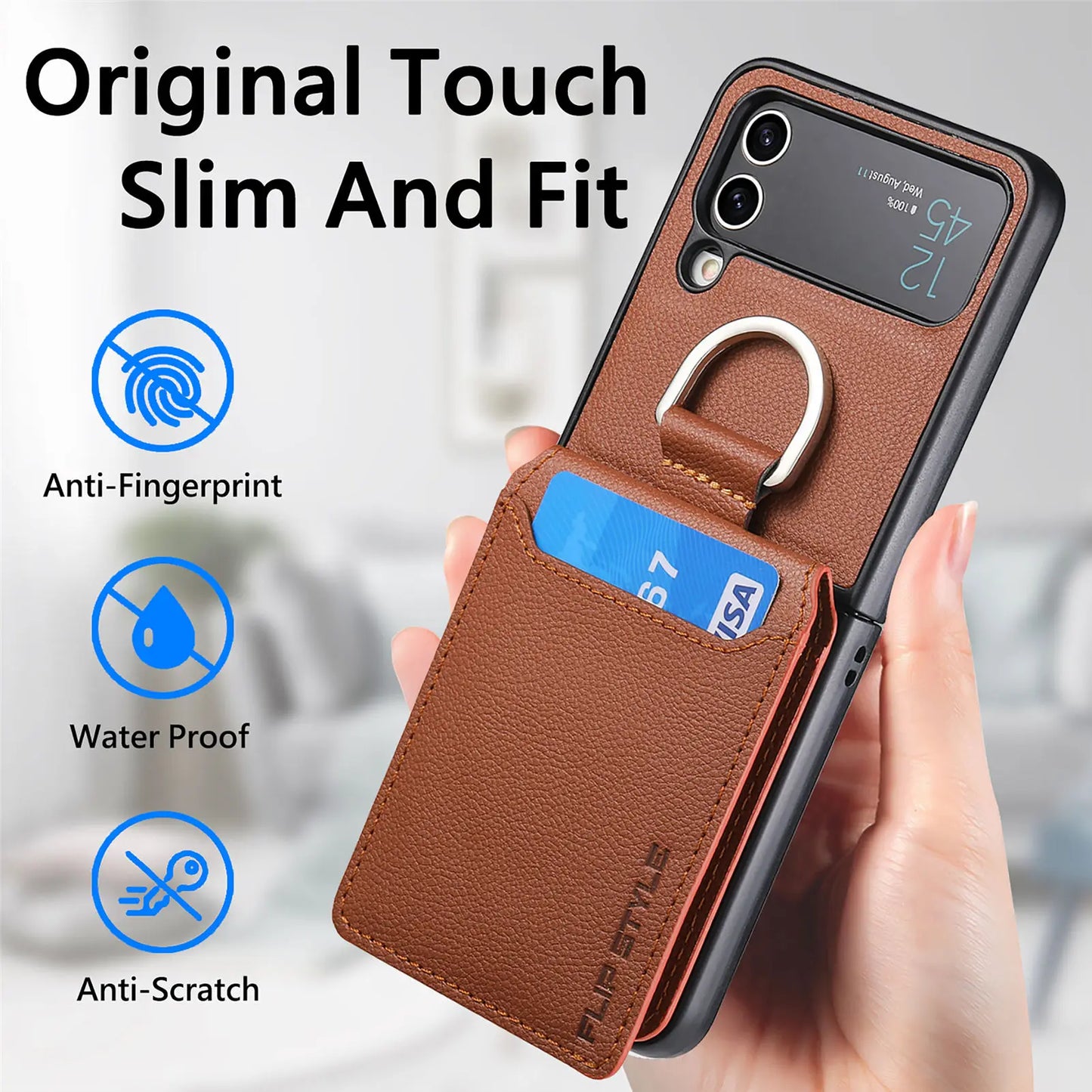 Wallet Phone Case For Samsung Z Flip 4 Finger Ring Card Holder Stand Shockproof Leather Cover