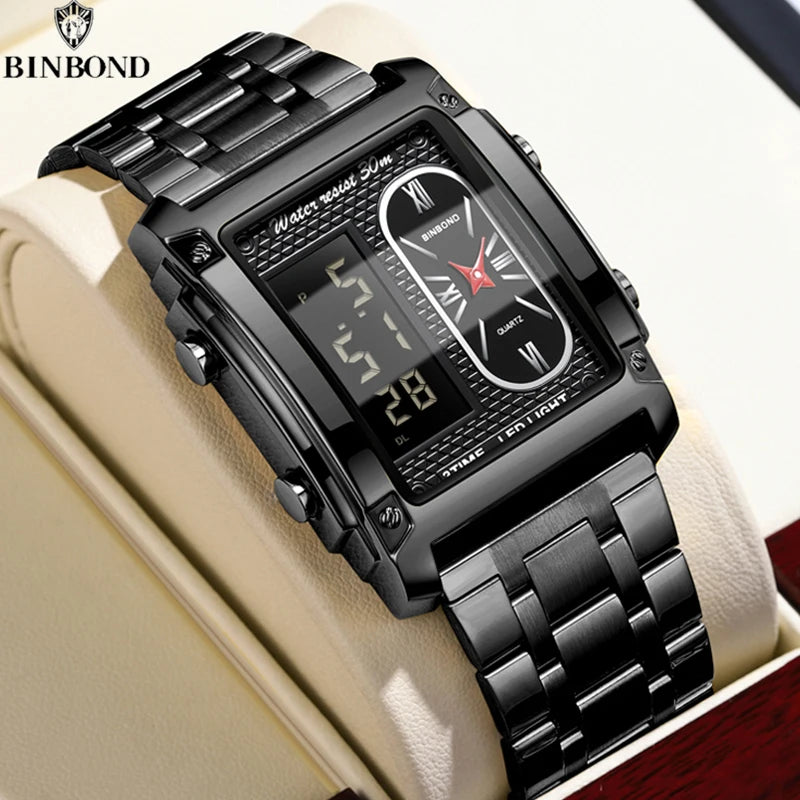 BINBOND Brand Luxury Watches for Men Fashion Quartz Wristwatch Square Gold Stainless Steel Watche