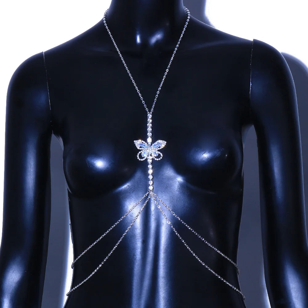 Butterfly Chest Chain Rave Jewellery Crystal Sexy Bra Chain Necklace Women jewelry