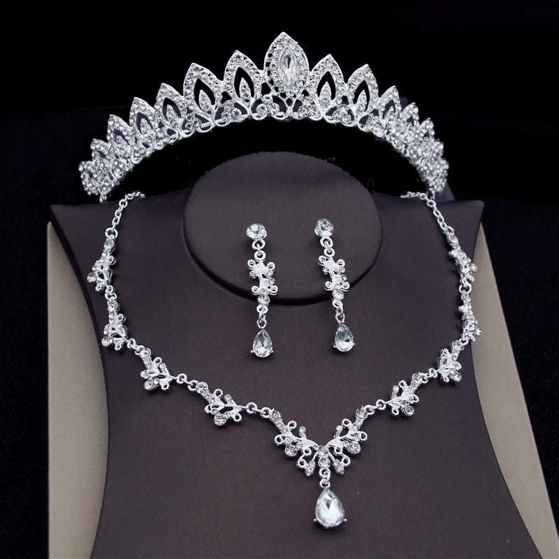 Luxury Silver Color Crystal Water Drop Bridal Jewelry Sets Rhinestone Tiaras Crown   Earrings