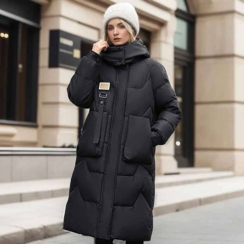 Winter Parka Woman Long Jacket Hooded Thicken Loose Zipper Pockets Warm Snow Padded Coat