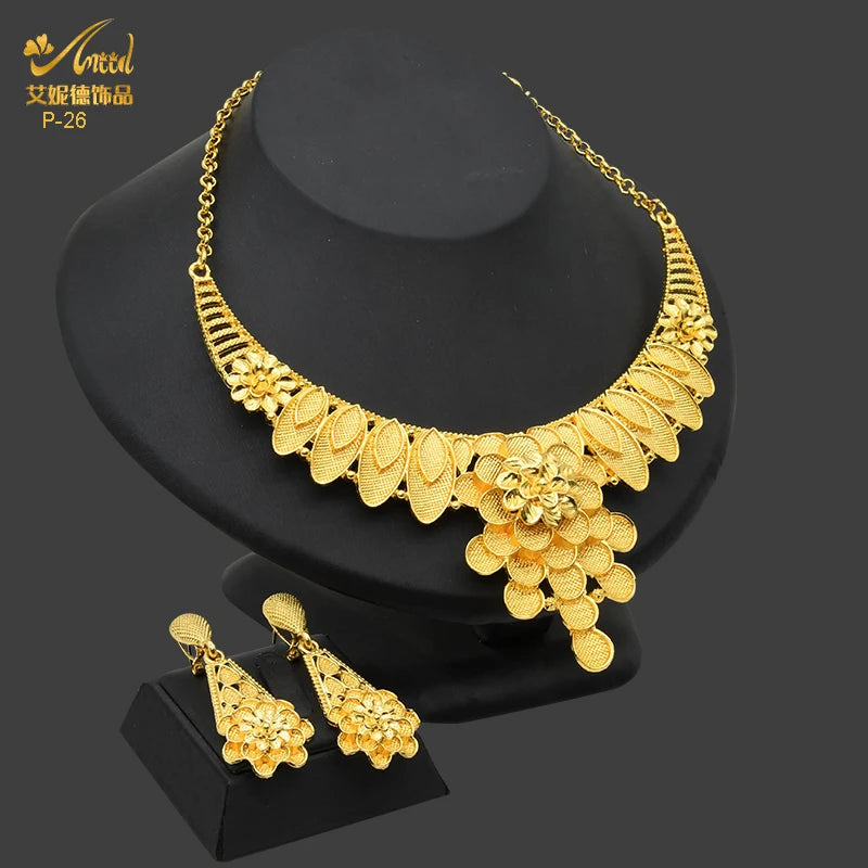 ANIID Fashion Indian 24k Gold Color Fan Shape Pendant Necklace Earrings Ring Sets for Lady Dubai Arab Big Jewelry Set Gifts - Hiron Store