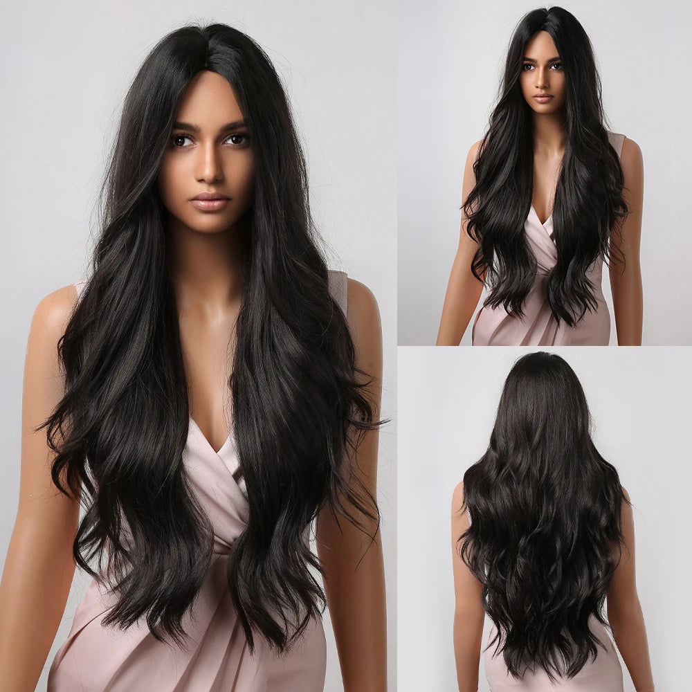 Black Long Body Wavy Synthetic Wigs for Women Afro Natural Black Hair Wigs Middle Part Heat Resistant Fiber Daily