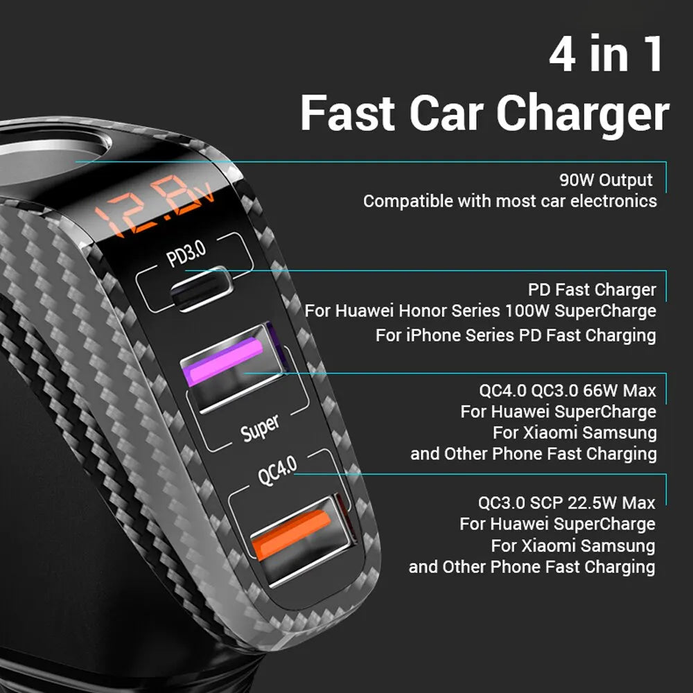 USB Car Charger With 90W Cigarette Lighter Expansion Port PD SCP FCP Quick Charge For iPhone Samsung Huawei