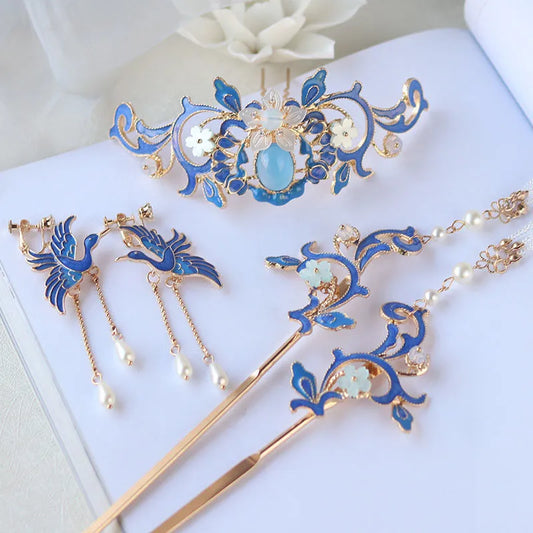 Chinese Hanfu Hair Crown Antique Blue Flower Beads Tassel Hair Accessories Headdress - Hiron Store