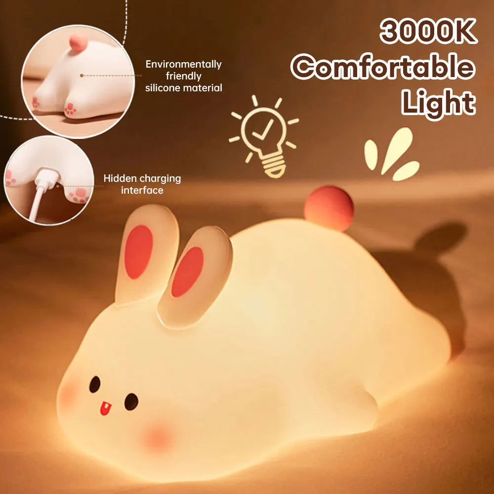 Cute Rabbit Silicone Nights Lamp Touch Sensor Big Face Rabbit Pat USB Rechargeable Light