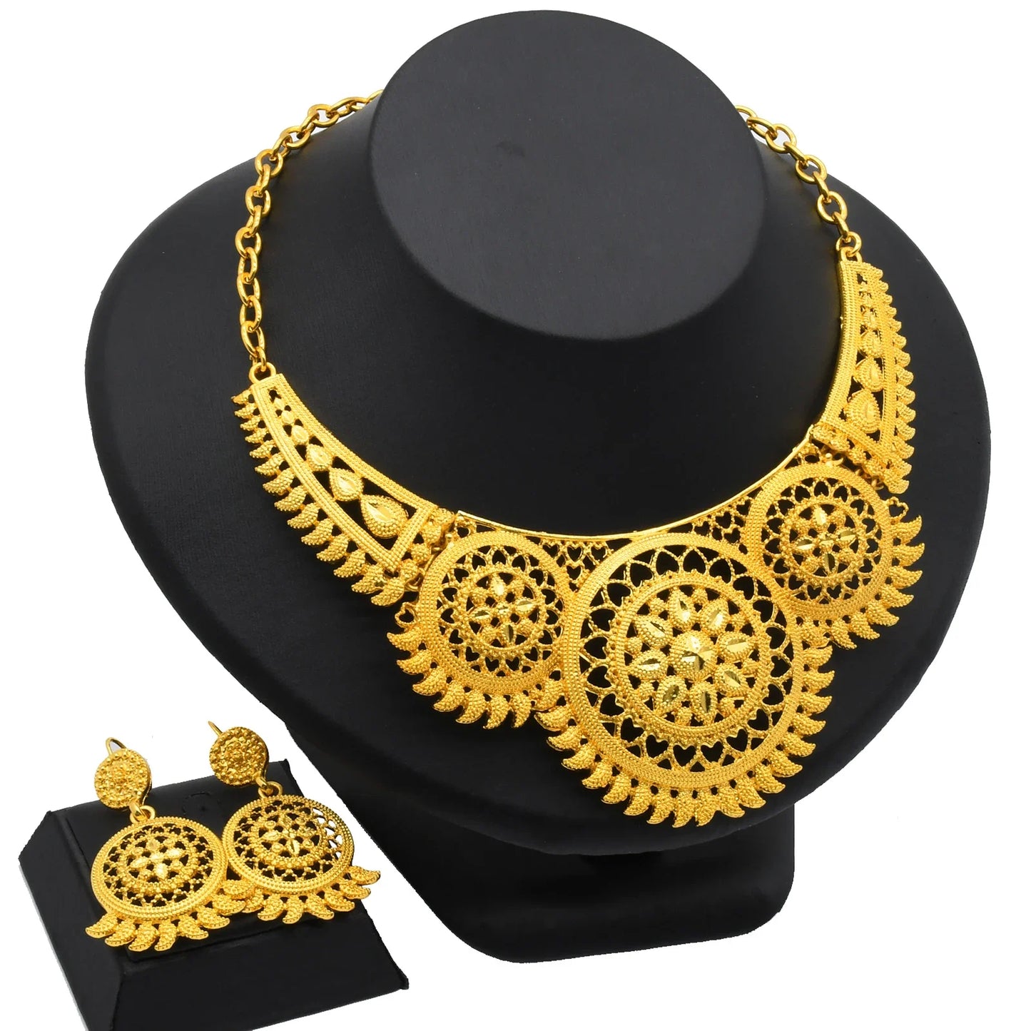 Ethiopian 24k Gold Color Heart Pendant Necklace Sets for Women Indian Anniversary Africa Bridal Necklace Earrings Ring Set Gifts - Hiron Store