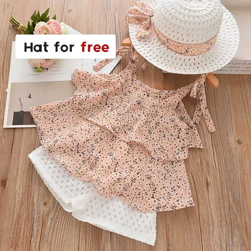 Summer Kids Clothes Floral Chiffon Halter+Embroidered Shorts Straw Children Clothing