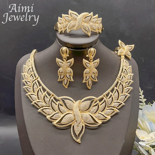 Luxury  18K Gold Plated 4Pcs Jewelry Set for Women Necklace Earring Bracelet Ring African Bridal Wedding Party