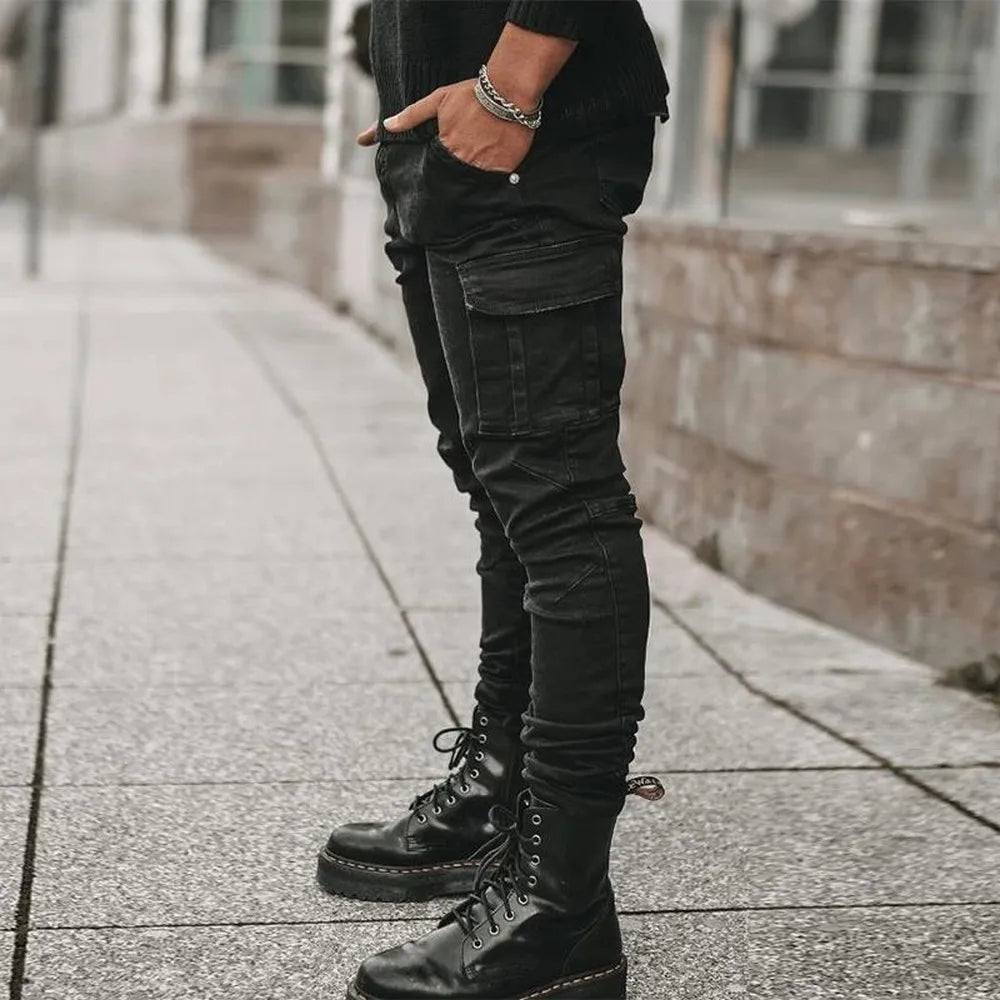 Street Elastic Jeans Men Denim Cargo Pants Multi Pockets Trousers