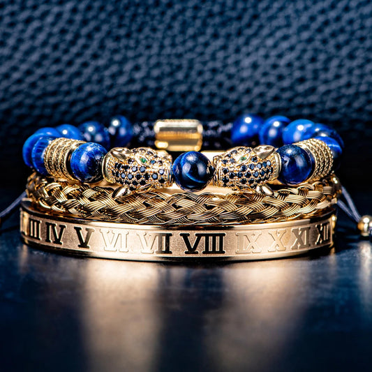 Luxury Set Gold Colour Double Leopard head Handmade Roman Numeral Bracelets Men's Jewellery