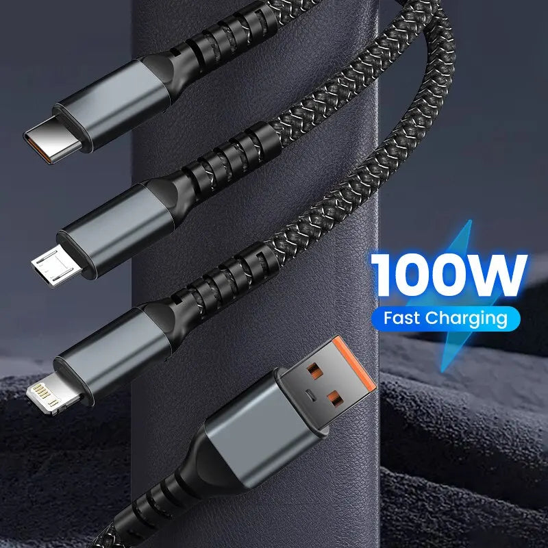 3-in-1 100W 5A Fast Charging USB To Type-C Micro Fast Charger Cable For iPhone 14 13 Samsung Xiaomi Huawei iPhone 14 13 - Hiron Store