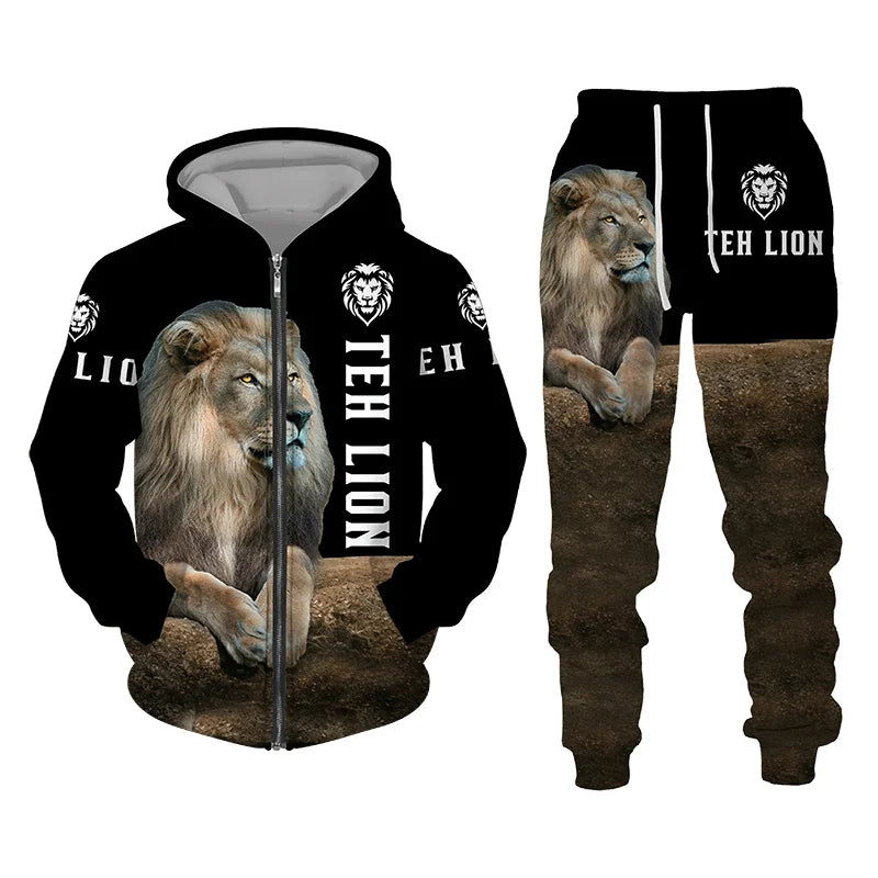 Autumn and Winter Men's Tracksuit 3D The Lion Print Zipper Hoodies Sweatshirts Pants Sets Casual Mens Clothing Women's Tracksuit - Hiron Store