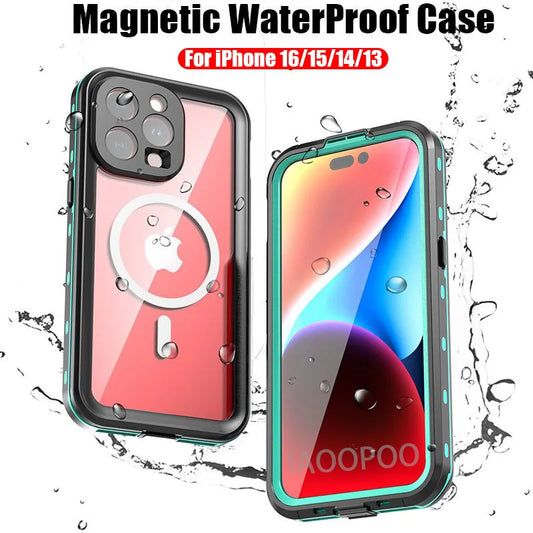 Magnetic Charging IP68 Case For iPhone 16 15 14 13 Pro Max Plus Drop proof Cover Diving outdoor sport