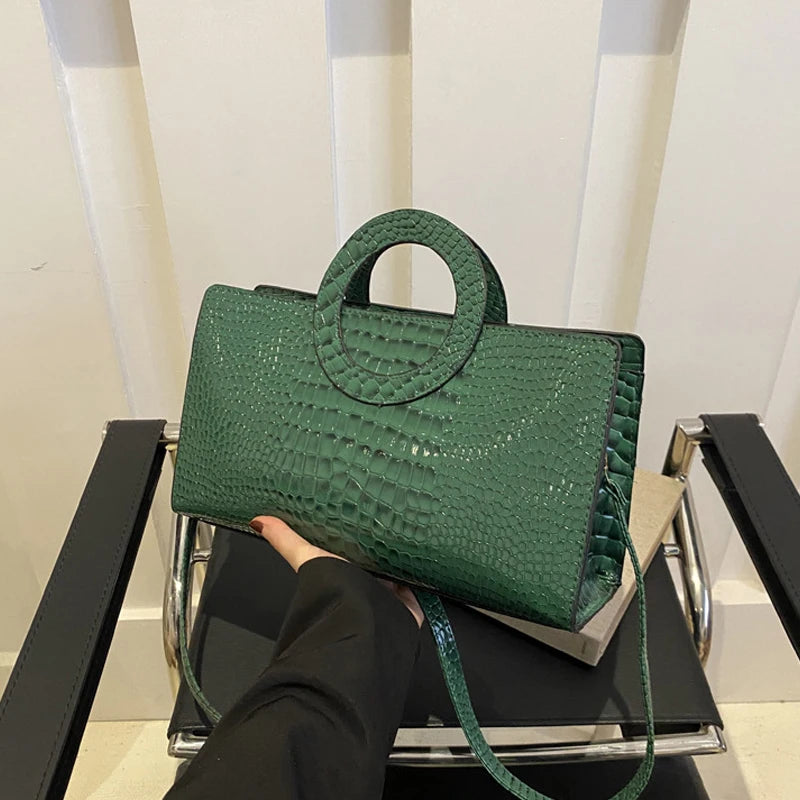 Women's Crocodile Pattern PU Leather Handbags Green Square Bag Fashion Brand Shoulder Messenger Bags