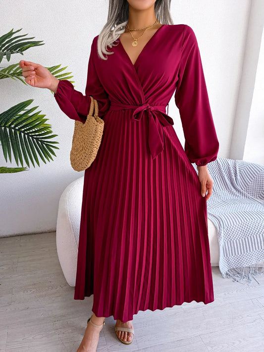 Women Elegant V Neck Long Sleeve Pleated Maxi Dress - Hiron Store