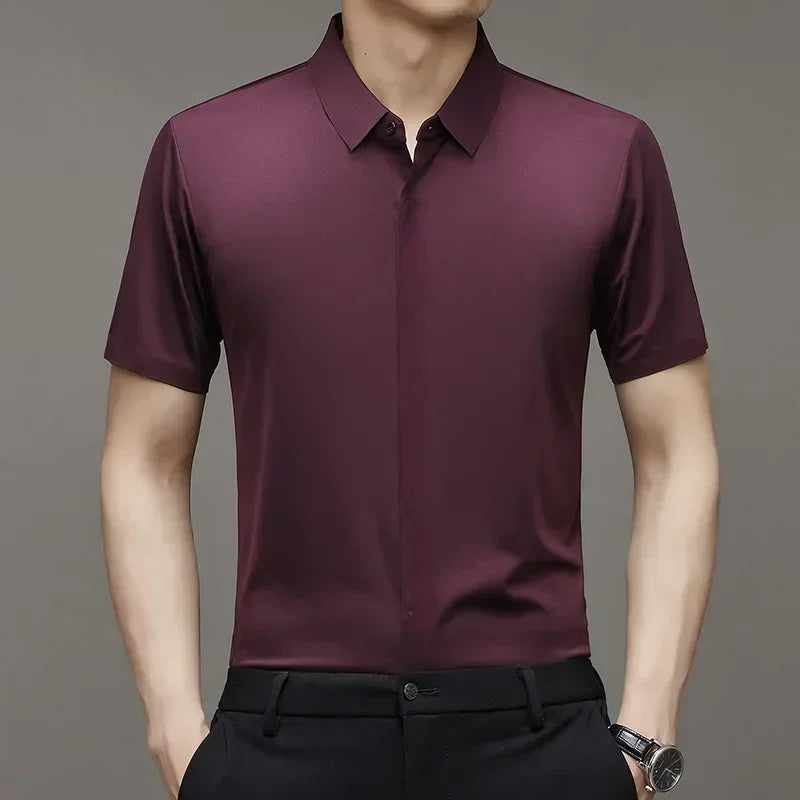 High end Mulberry Silk Dress Shirts, Business  Men Wrinkle Resistant, Button Invisible Elastic Tops, Luxurious Male  Clothing