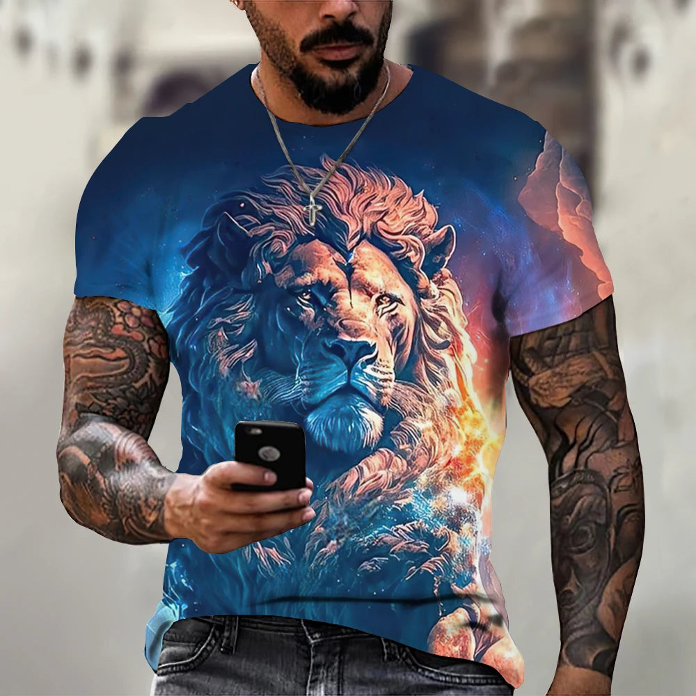 Summer Retro T-Shirt Animal Lion 3d Print Fashion Short Sleeve Top Elastic Oversized Clothing Sweatshirt Fitness T Shirt For Men - Hiron Store