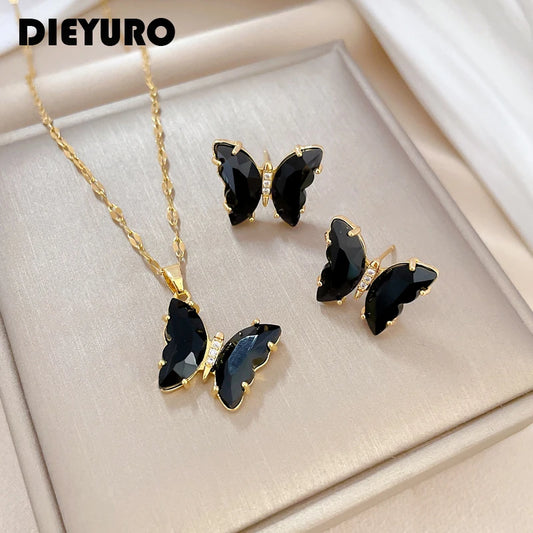 DIEYURO 316L Stainless Steel Butterfly Black Stone Necklace Earrings