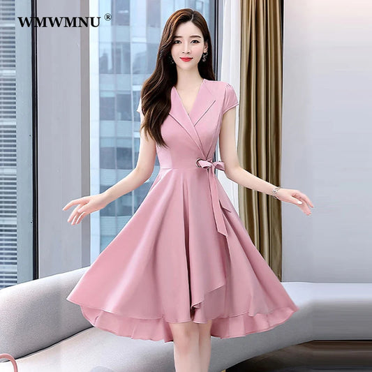 V-neck A-line Midi Dress Women Summer Korean Fashion Short Sleeve Dresses