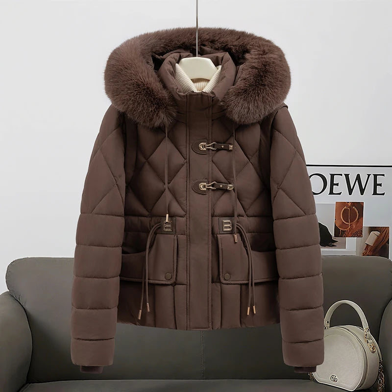 2026 New Women's down Cotton Jacket Short Thickened Large Fur Collar Loose Winter Coat