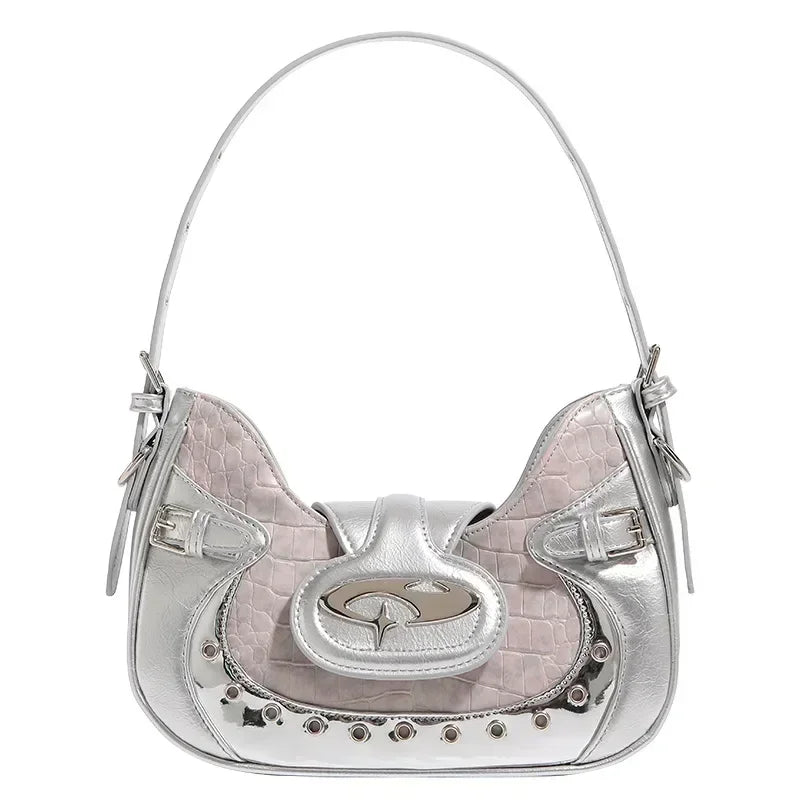 Women's Shoulder Bag Silver Handbag Female Motorcycle Bag