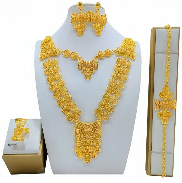 Fashion India Latest Design Jewelry Luxury African Jewelry Necklace Earrings Ring Bracelet Set Dubai Gold Color