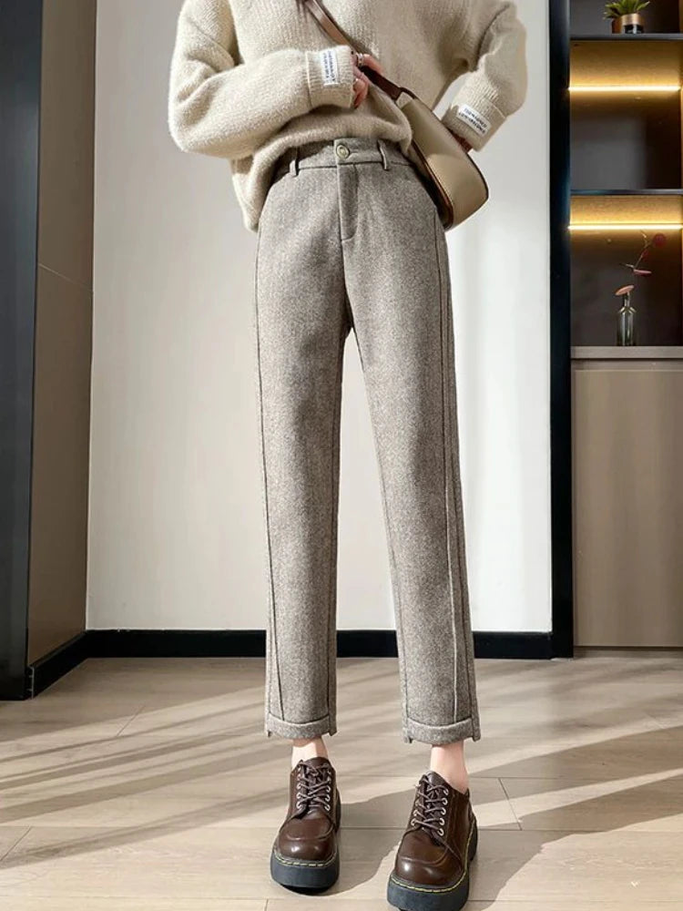 Warm Thickened Cropped Pants 2024 Winter Women' S Pants Loose Casual Herringbone High-waisted Tweed Straight Pants