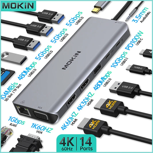 USB-C Hub Docking Station for MacBook Air/Pro, iPad M1/M2, Laptop - Features HDMI 4K, DP, 100W PD, SD/TF, RJ45 - Hiron Store