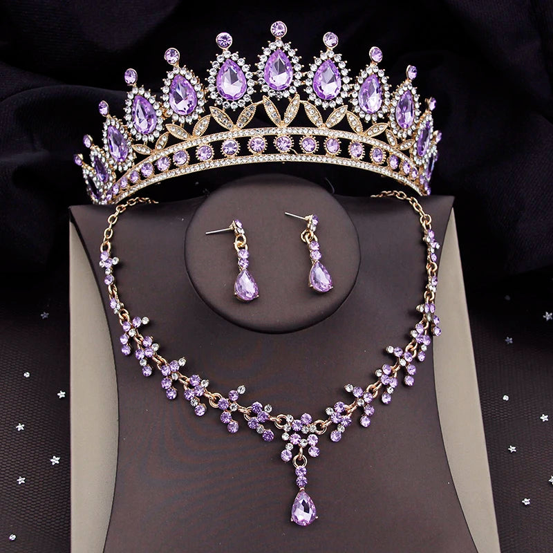 Quality Gold Color Pink Bridal Jewelry Sets for Wedding Dress Tiaras Crown Earrings Bride Necklace Set