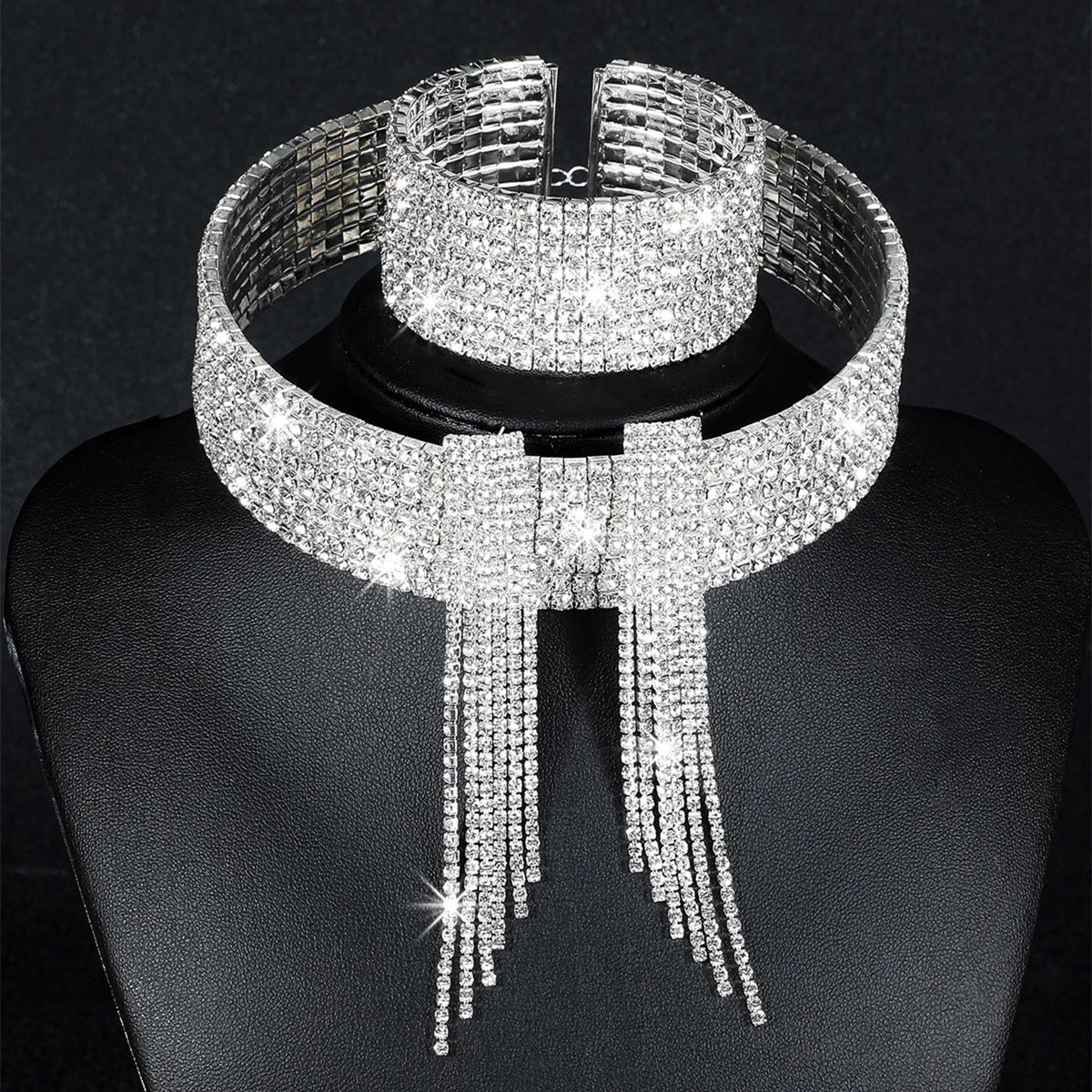 3 Pcs Women Rhinestone Jewellery Set Choker Necklace Fringe Bracelet Dangling Earring