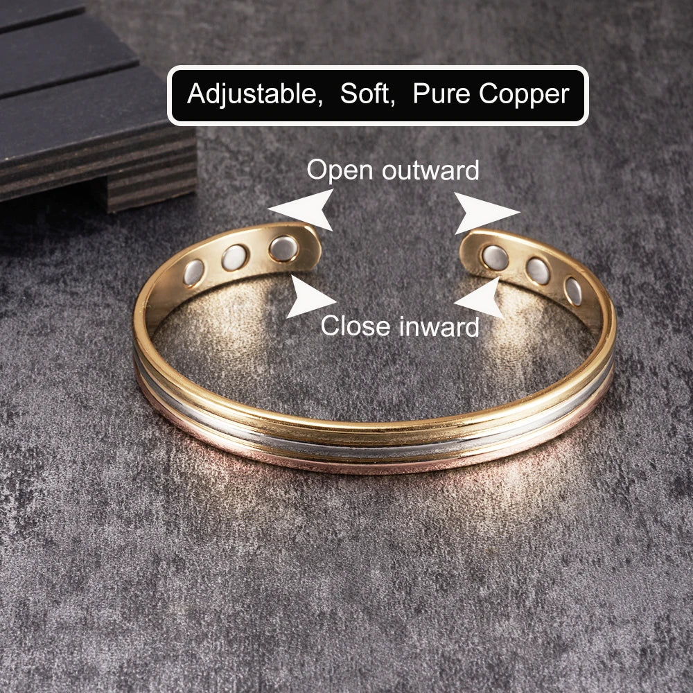 Copper Bracelets Magnetic Therapy Arthritis Lines Adjustable High Magnet Open Cuff 8mm Bangles Resizable Jewellery