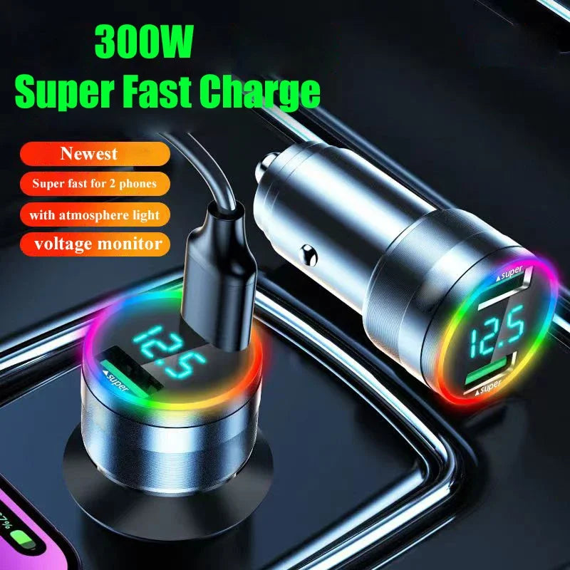 300W Dual Port USB Car Charger with LED Light Voltage Monitor Super Fast Charging