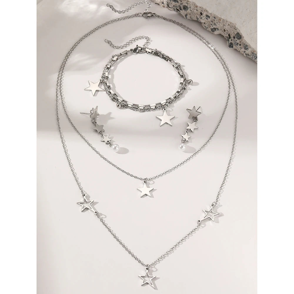 Stainless Steel Jewelry Set Skeleton Layered Chain Necklaces Star Bracelet Pearl Earrings