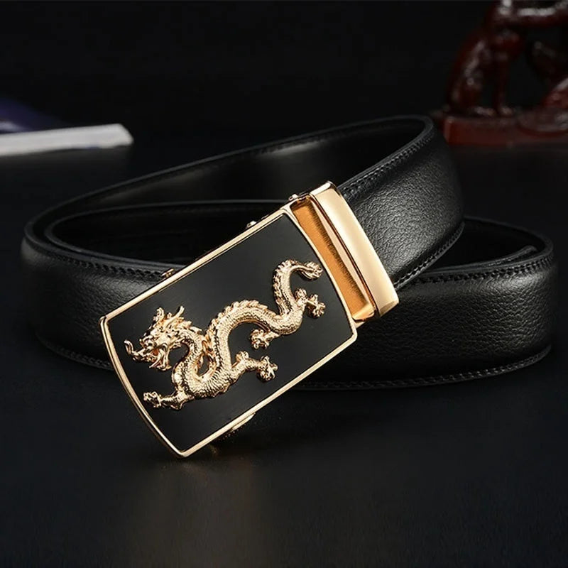 Men Automatic Buckle Dragon Leather Belts for Men Luxury Black Strap Waistband