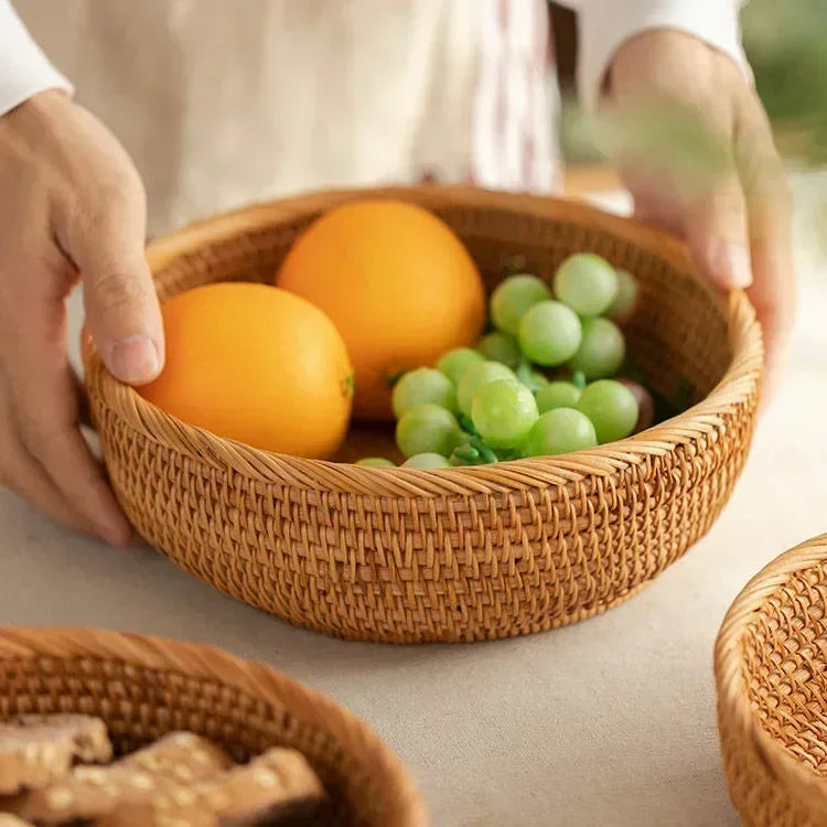 Round Rattan Woven Basket, Wicker Fruit Basket, Bread Food Kitchen Home Decor Organizer, Breadbasket For Kitchen - Hiron Store