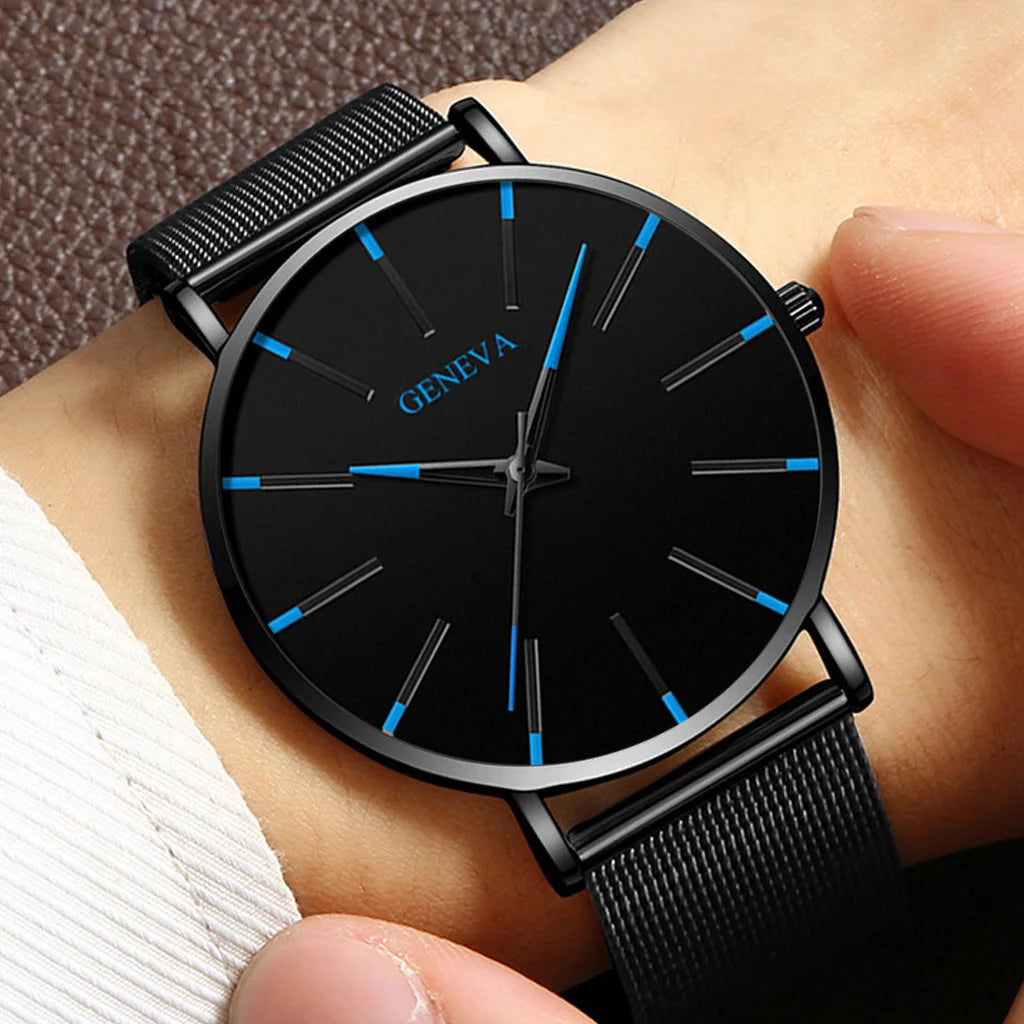 Black Watches Luxury Stainless Steel Ultra Thin Mesh Belt Quartz Wrist Watch