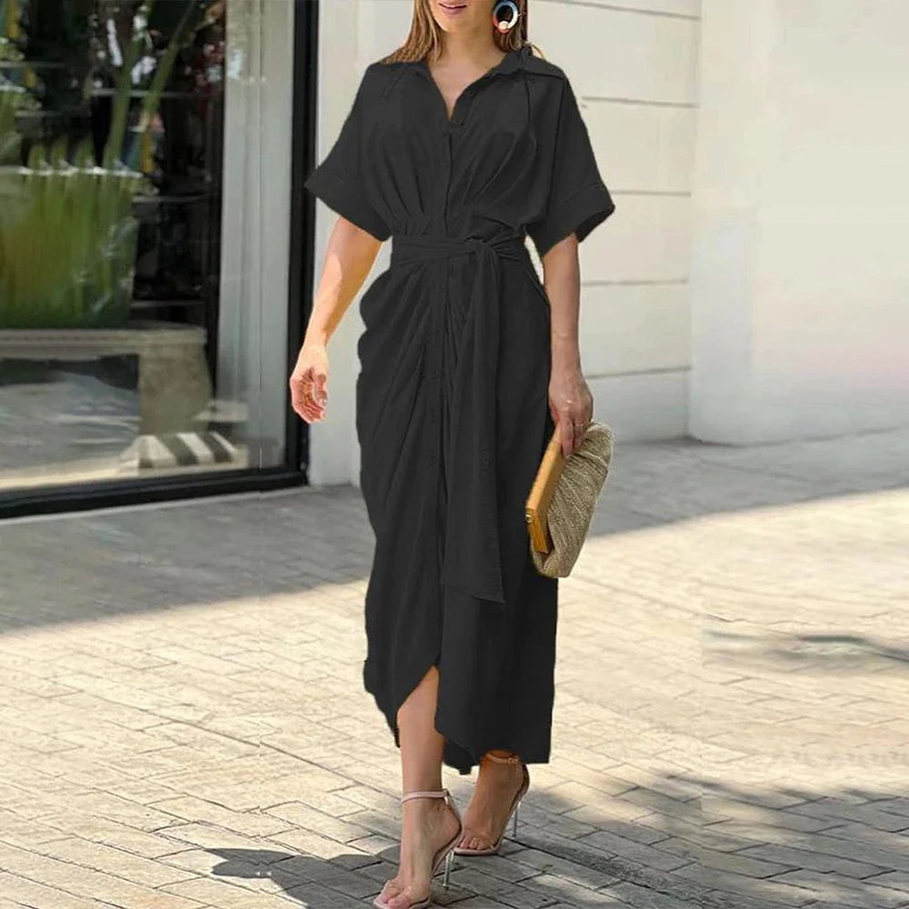 High Waisted Lady Shirt Dress for Women Clothing 2024 Summer Classic Casual Slim Short Sleeve Women Dress Female Solid Long Skir - Hiron Store