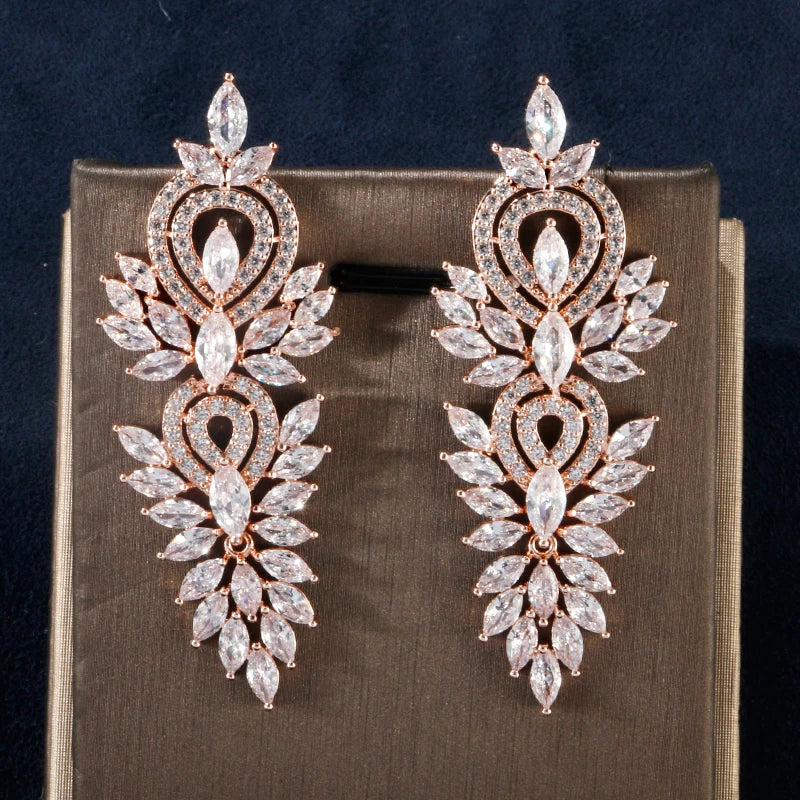 Leaf Marquise Zircon Long Drop Dangle Earrings