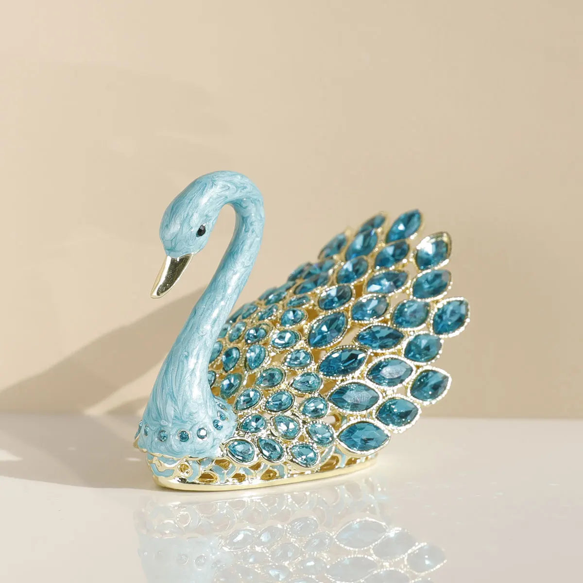 3.7inch Enamel Blue Gems Swan Trinket Box Hinged Hand-Painted Jewellery Storage Ring Holder