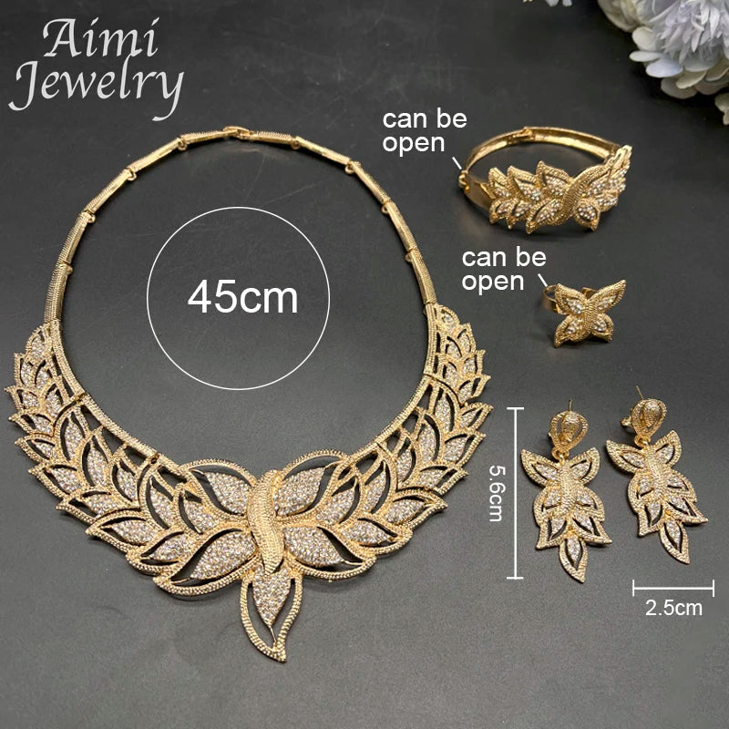 Luxury  18K Gold Plated 4Pcs Jewelry Set for Women Necklace Earring Bracelet Ring African Bridal Wedding Party