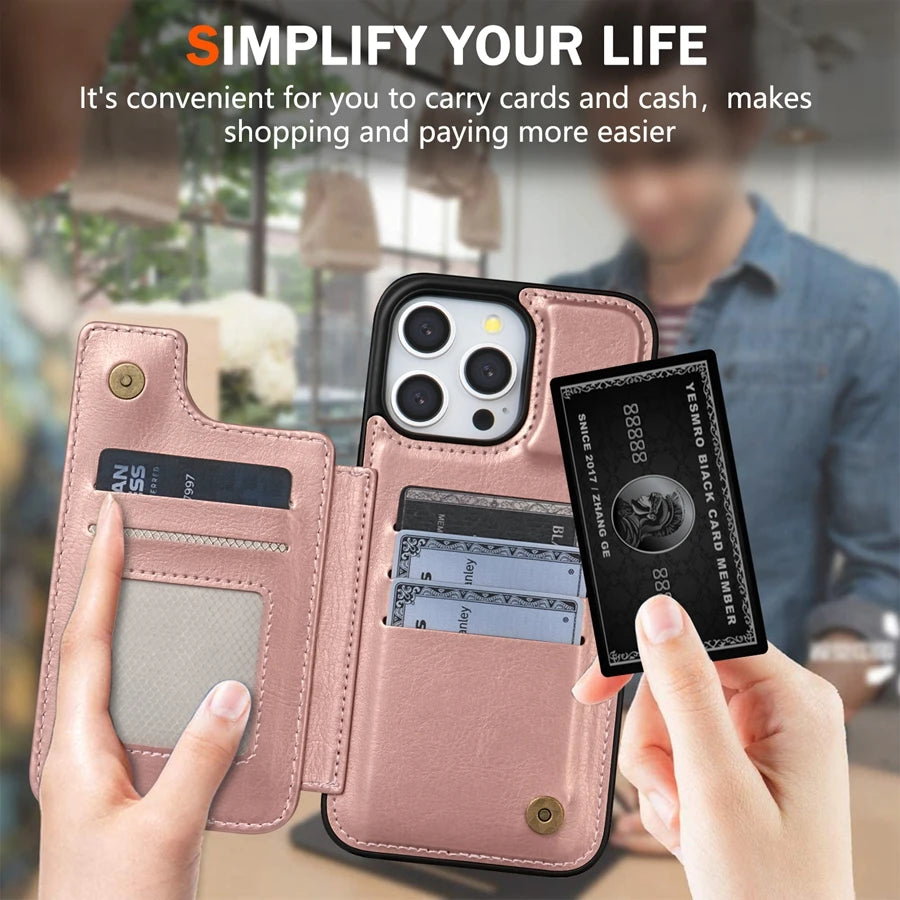 Wallet Solid Colour Magnetic Double Buckle RFID Blocking Card Leather Case For iPhone